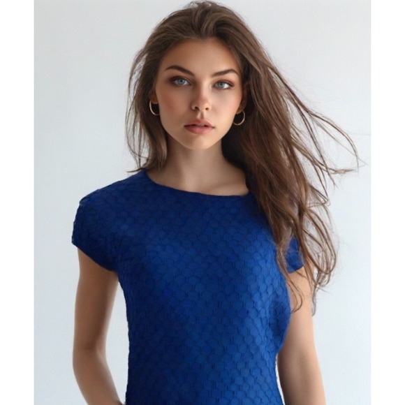 Pink Tartan Honeycomb Knit Midi Dress Cap Sleeve Back Zip Navy Size Large - Picture 1 of 11